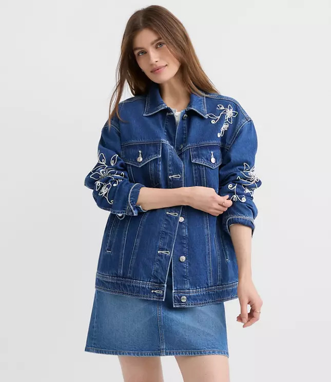 Floral Embroidered Oversized Denim Trucker Jacket in Bright Indigo Wash | LOFT