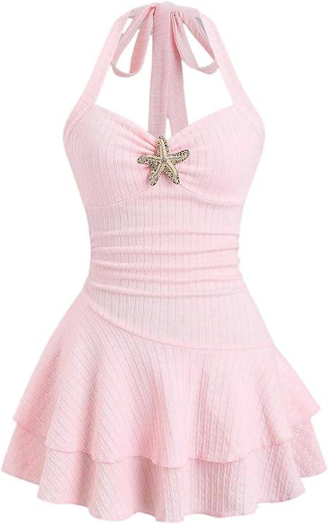 Milumia Women's Seashell Halter Mini Dress Sleeveless Layered Ruffle Summer Vacation Beach Dresse... | Amazon (US)