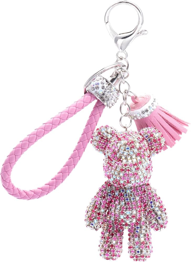 Bear Keychain, Cute Keychains for Women, Pink Car Accessories for Girly, Pink Pom Pom Keychain | Amazon (US)