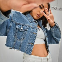 Frayed Cropped Denim Jacket | SHEIN