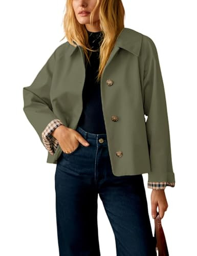 Yeokou Women Oversize Trench Coat Plaid Lining Lapel Button Down Casual Crop Jacket Outwear with Pockets(ArmyGreen-XS) | Amazon (US)