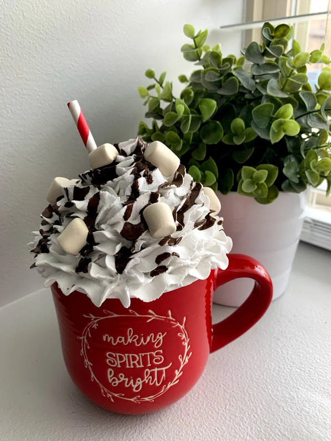 Mug Topper, Faux Whipped Cream with Faux Hot Chocolate Drizzle, Faux Marshmallows and Red Stripped S | Etsy (US)