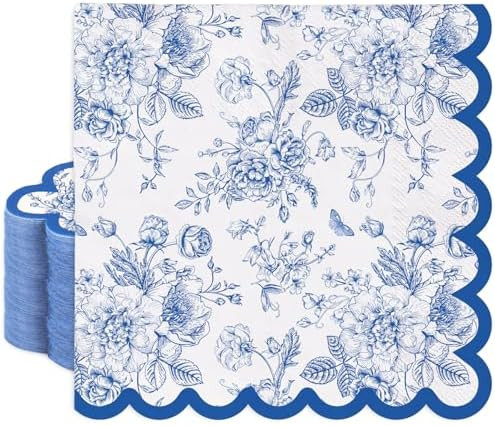 FYSUIMU 100Pcs Blue Floral Paper Napkins Vintage Wildflower Disposable Napkin with Scalloped Edge... | Amazon (US)