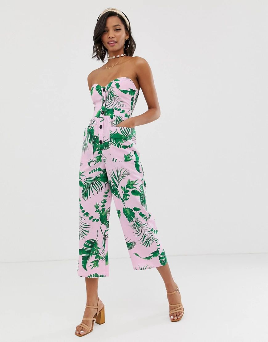 ASOS DESIGN - Jumpsuit met bandeau-hals, knopen, zakken en tropische print-Multi | ASOS (Global)