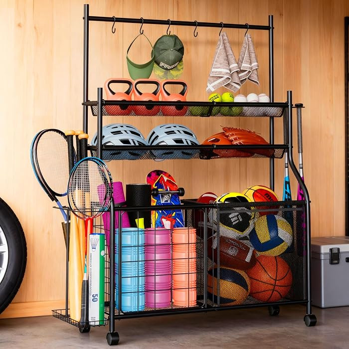 Large Sports Organizer for Garage, Ball Storage Rack Garage Sports Equipment Organizer with Side ... | Amazon (US)