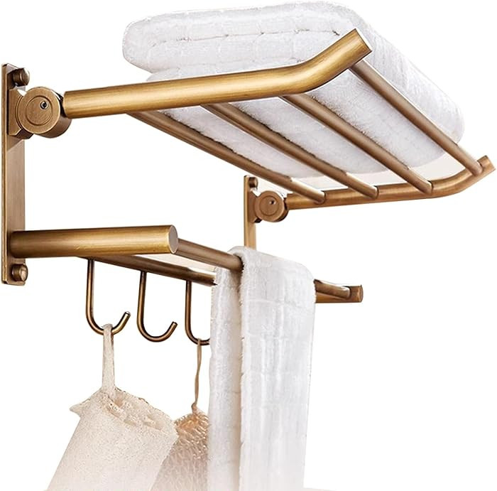Brass Bathroom Towel Rack with Towel Bar and Hooks,Foldable Towel Shelf Wall Mounted Hand Towel H... | Amazon (US)