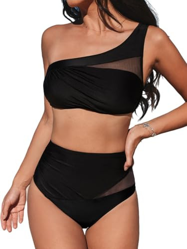 CUPSHE Women's Bikini Sets One Shoulder Two Piece Swimsuit High Waisted Asymmetrical Neck Ruched Cutout Mesh,XL Black | Amazon (US)