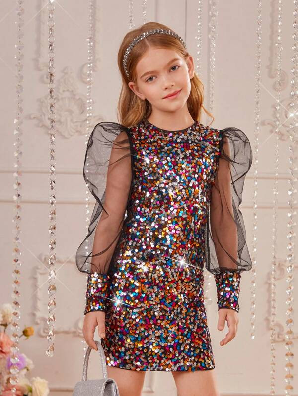 SHEIN Tween Girl Contrast Mesh Gigot Sleeve Sequin Dress | SHEIN