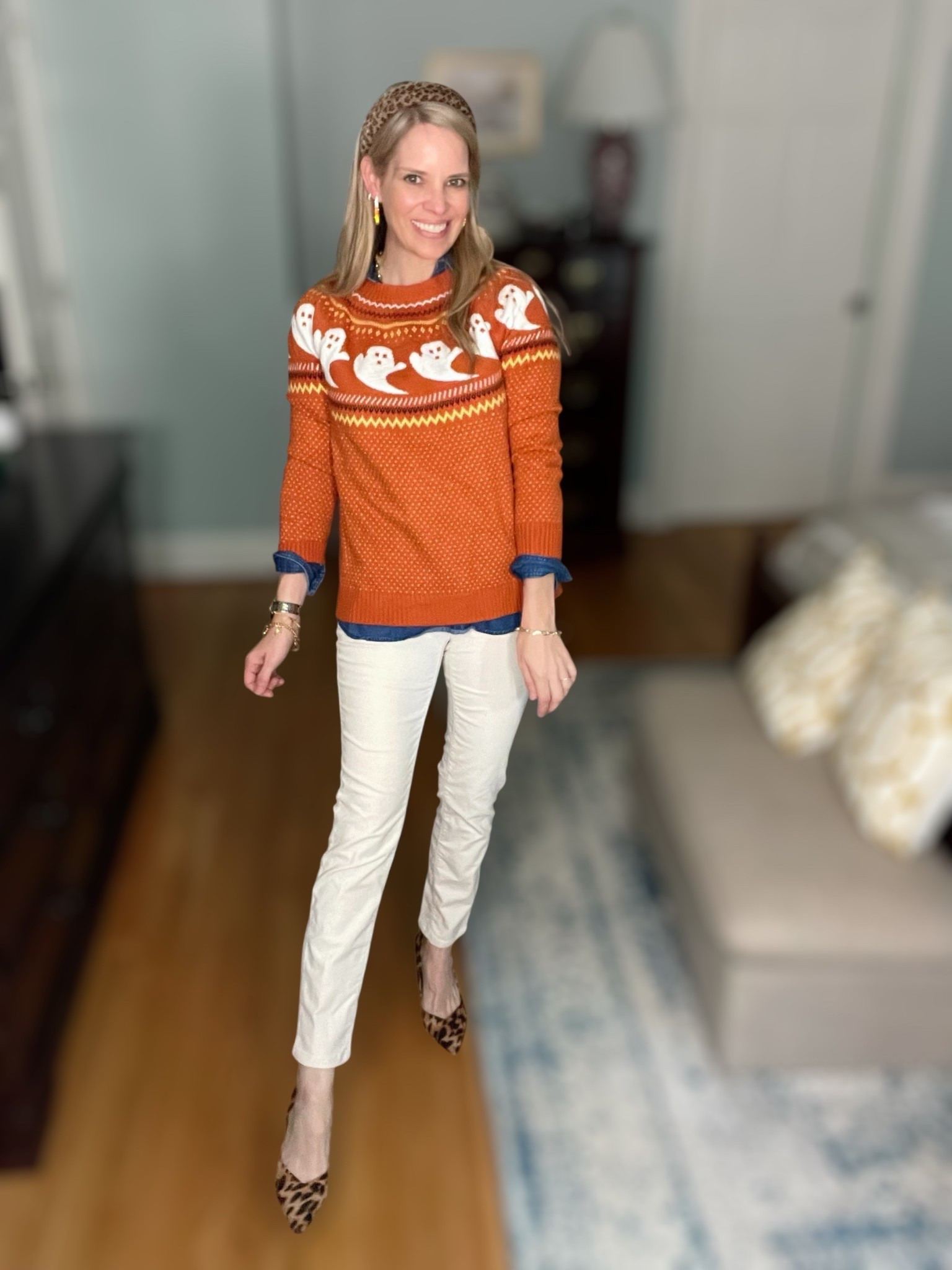 Fall layers but make them festive 🎃👻 I styled this cozy ghost print turtleneck sweater with a classic denim button-down shirt underneath for a preppy base, then added stretch corduroy leggings for comfort and warmth. The leopard quilted vest adds the perfect bold layer, while my ivory bow headband and candy corn earrings bring in those playful Halloween details. 🧡

Finished the look with a chic yellow crossbody bag + timeless accessories like my two-tone watch for a polished touch. This outfit works perfectly for pumpkin patches, school parties, or just cozy October days where you want to feel seasonal and stylish.

🛍️ Shop my full look below—Amazon, Talbots, Walmart, and BaubleBar finds all mixed together for a fun, affordable fall outfit!

✨ Keywords: Halloween sweater outfit, ghost print sweater, cozy fall layers, leopard vest outfit, corduroy leggings fall style, festive Halloween outfit for moms, candy corn earrings BaubleBar, affordable fall fashion finds, preppy layered fall outfit


#LTKFindsUnder50 #LTKFindsUnder100 #LTKItBag

#LTKFindsUnder100 #LTKFindsUnder50 #LTKOver40