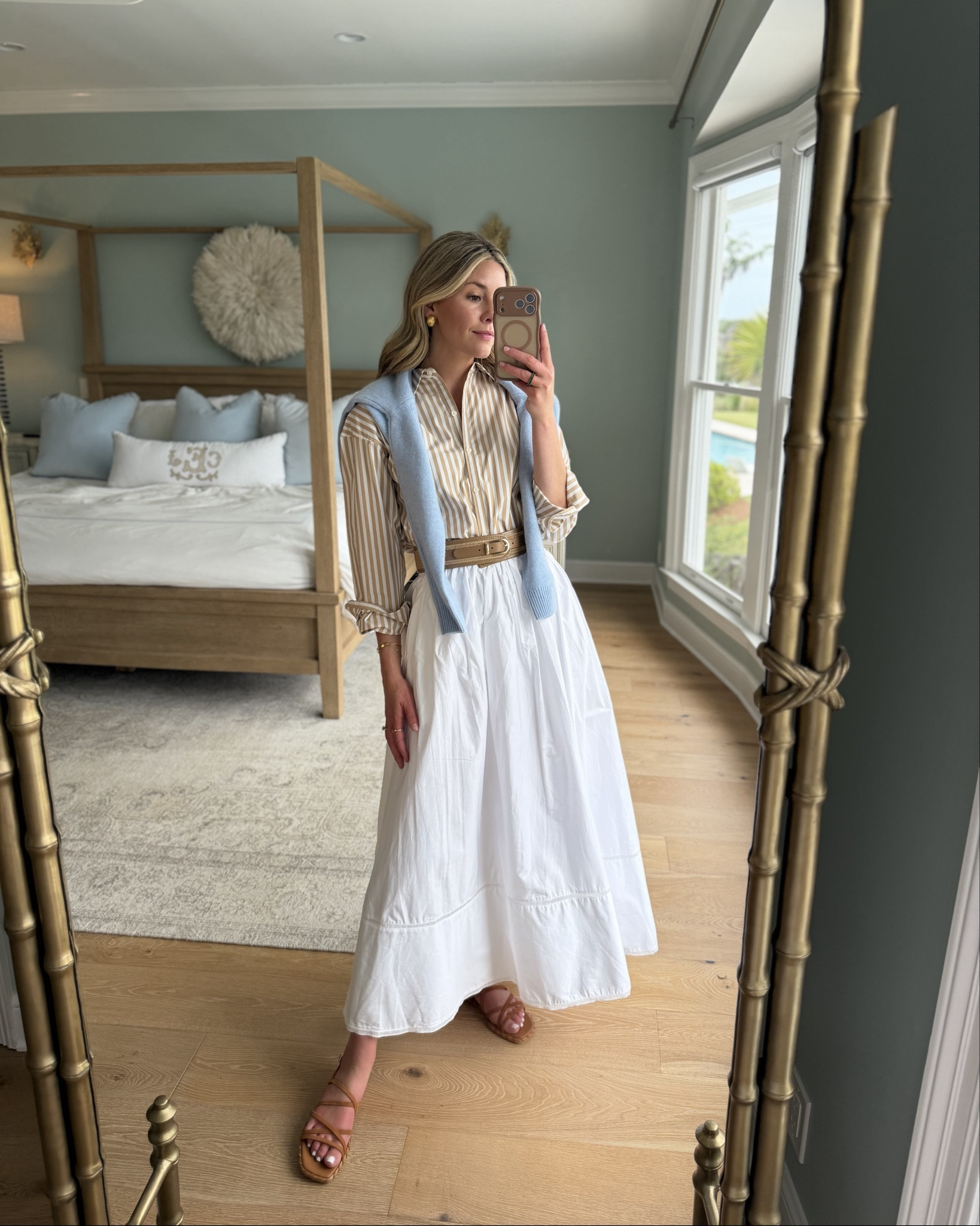 just a really timeless, classic look 💙

wearing a small in the skirt, but could have taken an xs for a closer fit. it’s a beautiful poplin with the best volume (and pockets, which we love)

paired with a striped button down that is truly a forever staple… one of those pieces you’ll have in your closet for years

added this light blue cashmere sweater over the shoulders for that crisp, polished feel (also so good worn on its own). the color is so fresh for the season

belted with the same woven belt for a little shape, but you definitely don’t have to

finished with the same woven flats and my go-to gold earrings… easy, elevated, and just one of those outfits that always works. #tuckernuckpartner @Tuckernuck 

#LTKSeasonal #LTKootd