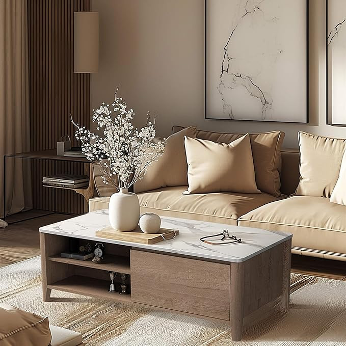 White Marble Top Coffee Table, Scandinavian Style Wood Rectangualr Cocktail Table with 2 Drawers ... | Amazon (US)