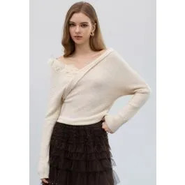 3D Floral Applique Off-Shoulder Sweater in Ivory for Date Night & Brunch Gathering | Chicwish