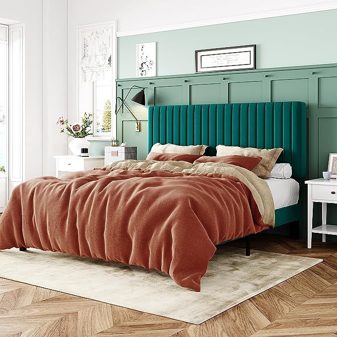 Allewie Queen Bed Frame, Velvet Upholstered Platform Bed with Adjustable Vertical Channel Tufted ... | Amazon (US)