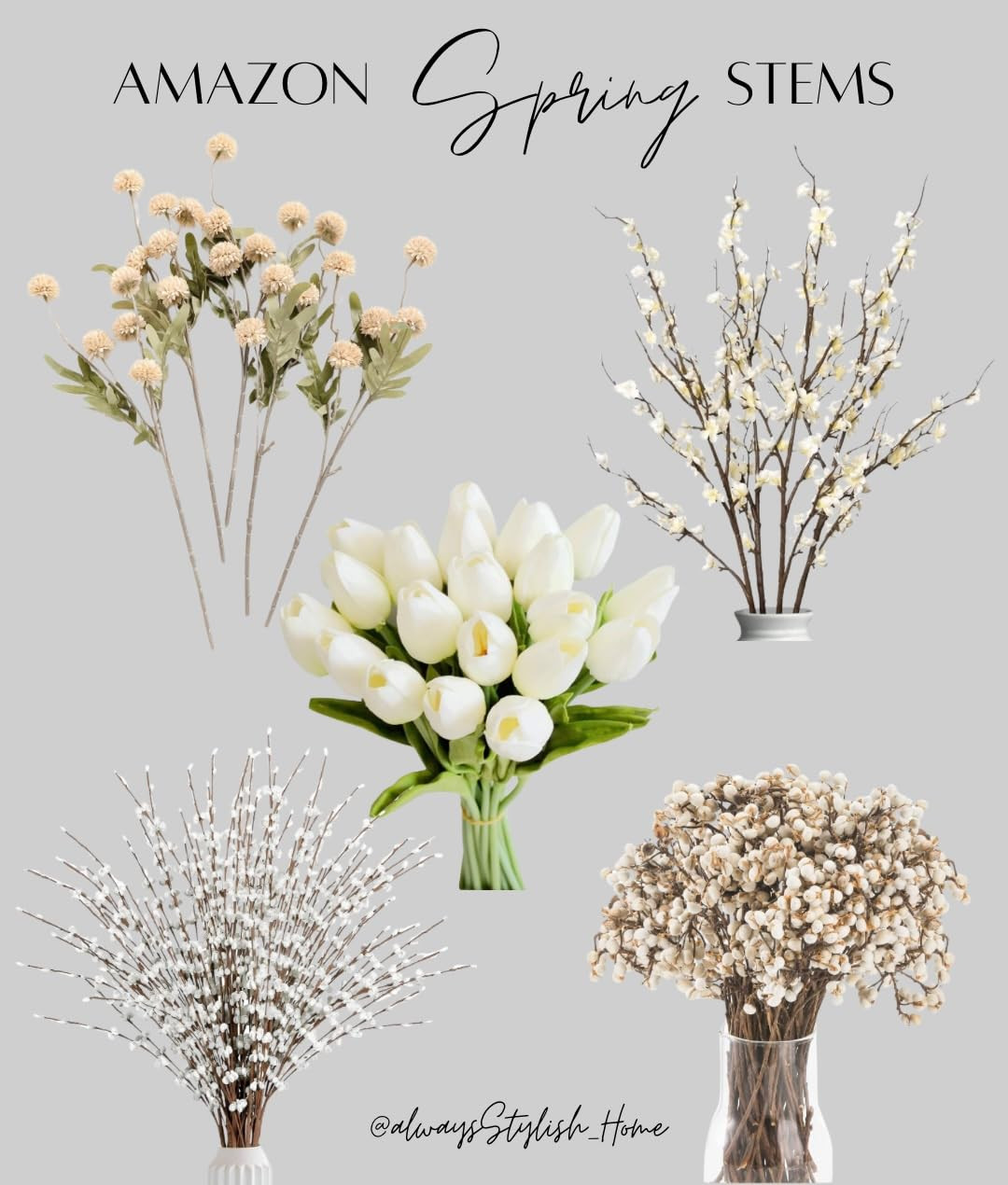 Spring stems! Floral decor, affordable home decor, Amazon finds, spring and summer flowers! Realistic tulips, cherry blossoms, pompom flowers! | Amazon (US)
