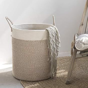 LA JOLIE MUSE Woven Basket Rope Storage Baskets - Tall Cotton Basket 16 x 14 x 14 Inches, Laundry Ba | Amazon (US)