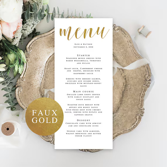 Wedding menu download Gold menu template wedding Gold menu cards Bohemian gold wedding Rehearsal ... | Etsy (US)