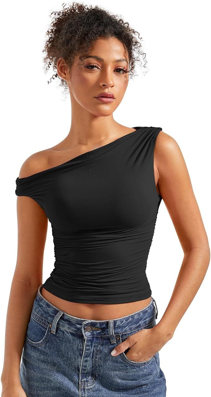 SUUKSESS Women Off Shoulder Tops Sleeveless Shirts Y2K Going Out Crop Tank Top | Amazon (US)