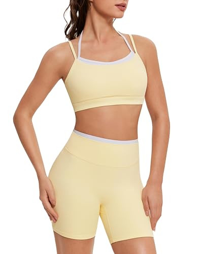 Amazon.com: OMKAGI Workout Sets for Women Cute Doubel Layer Open Back Sports Bras Gym Shorts Outf... | Amazon (US)
