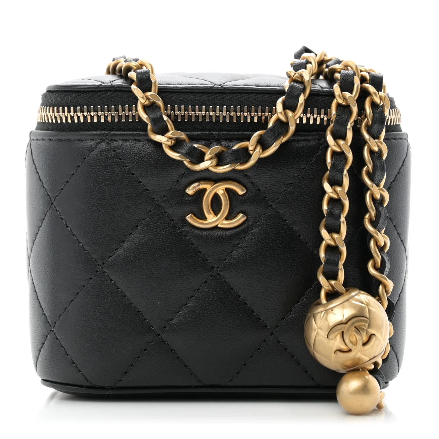 Lambskin Quilted Mini Pearl Crush Vanity Case With Chain Black | FASHIONPHILE (US)