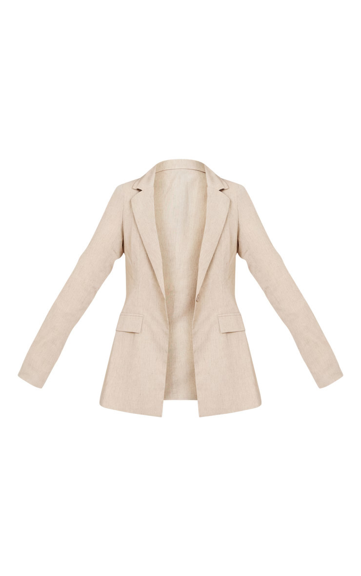 Light Beige Textured Linen Blend Cinched Waist Blazer | PrettyLittleThing UK