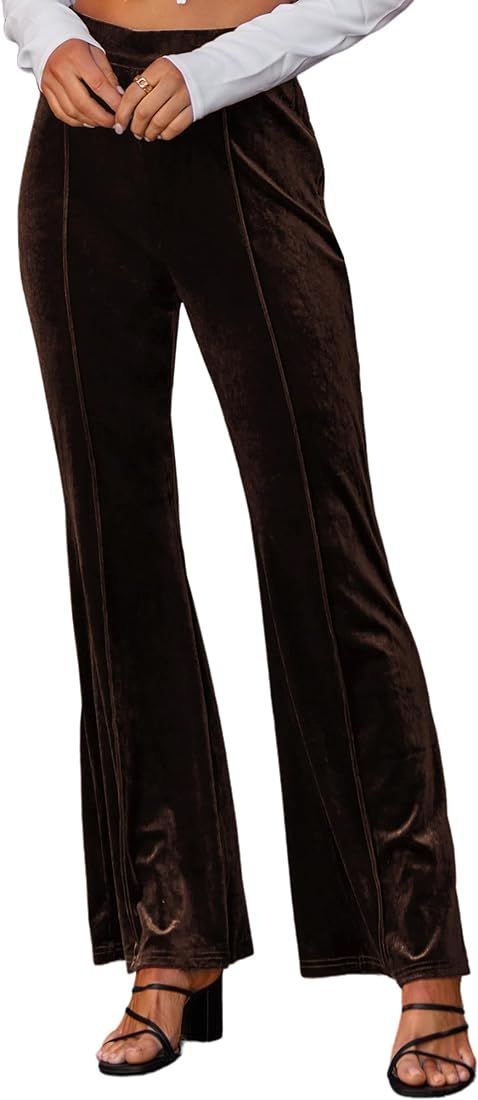 ECOWISH Womens Velvet Pants Elastic High Waist Palazzo Pants Casual Flare Long Trousers Brown Sma... | Amazon (US)
