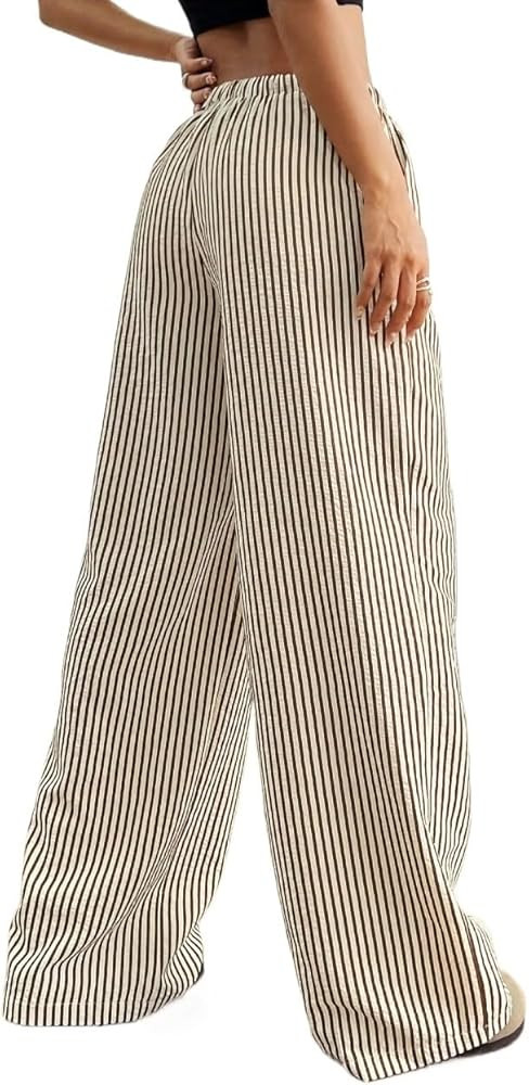 Womens Classic Casual Pants Casual Striped Wide-Leg Long Pants With Drawstring Waist | Amazon (US)