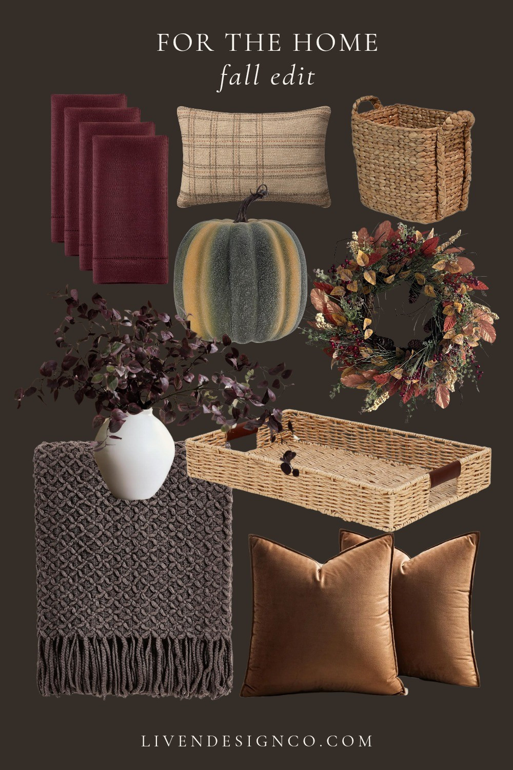 Amazon fall decor. Home decor. Block print napkins. Woven floor basket. Decorative pumpkins. Fall berry stems. Woven tray. Fall autumn wreath. Woven throw blanket. Throw pillows. Velvet pillow 

 #LTKSeasonal #LTKHome #LTKStyleTip