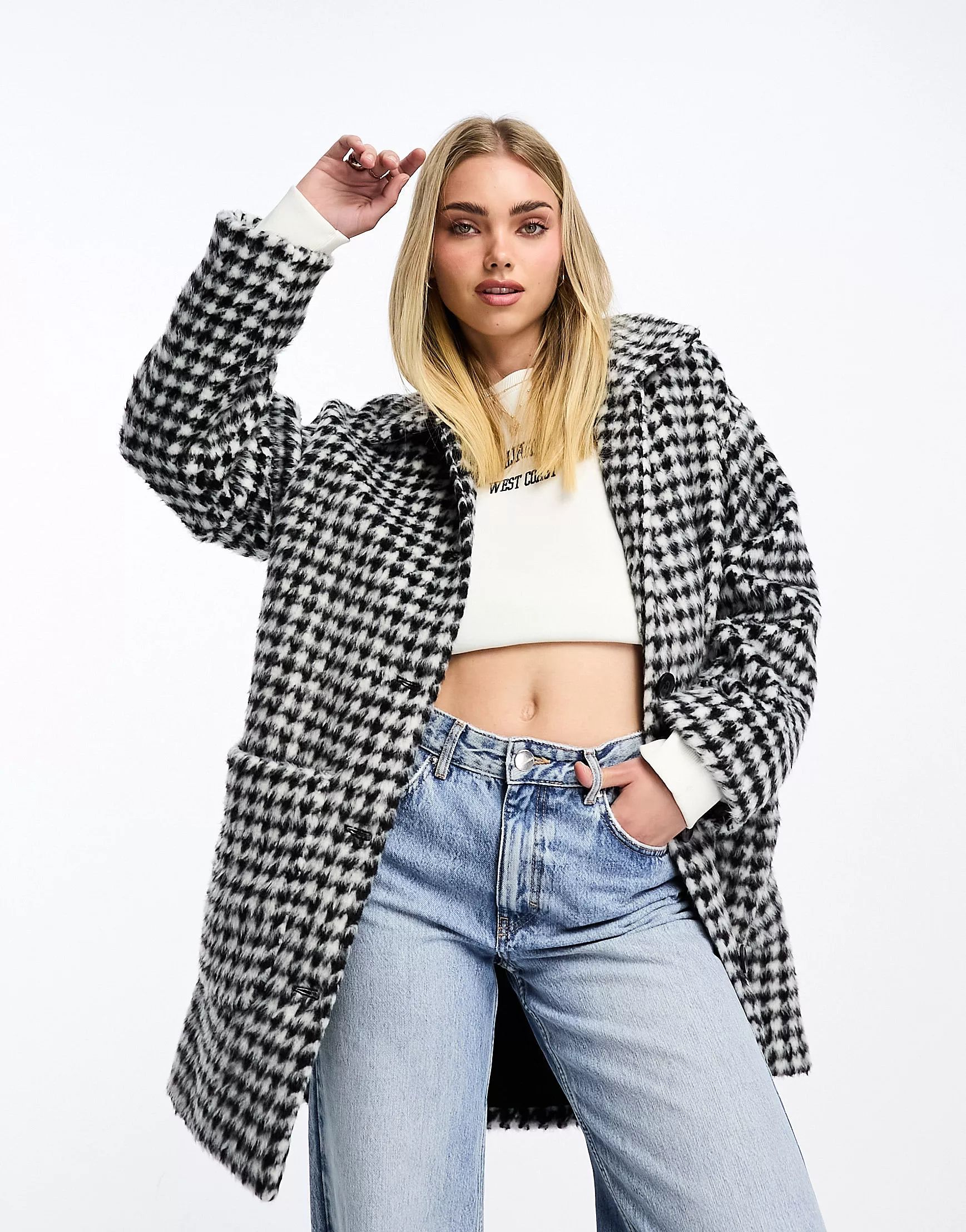 Monki wool blend coat with collar in houndstooth | ASOS (Global)