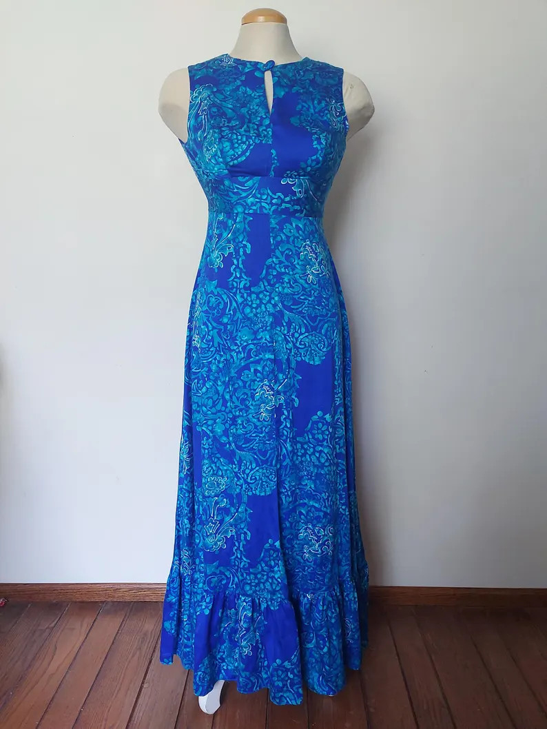 1960s/70s Kawika of Hawaii Honolulu Blue Batik Sleeveless Maxi Dress - Cotton - Size Small - US 4... | Etsy (US)