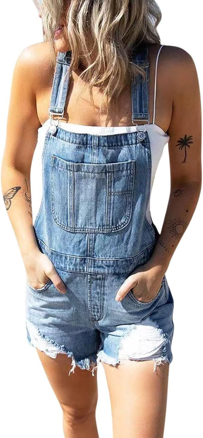 Women Shortalls Basic Stretch Denim Jean Shorts Overalls Rompers Worker Jumpsuits for Women (Blue... | Amazon (US)
