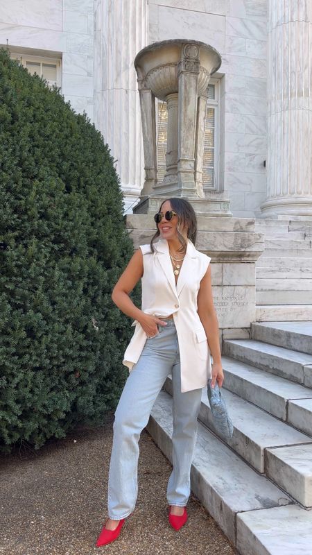 Loving the simplicity of the vest with jeans and a pop of color, easy & chic! Jewelry is 10%off with IRIS10 

Comment if you want outfit details! 

#smartcasual #smartstreetwear #chicstyle #easyoutfitideas #vestoutfit #springfashion #springfashion2024 #outfitideas #casualworkwear white vest, 90s jeans, straight jeans, red shoes, denim purse, designer sunglasses inspired, jewelry, layering necklaces, 

#LTKVideo #LTKsalealert #LTKstyletip