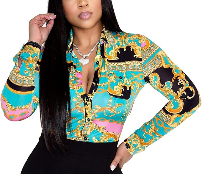 Glozeplus Women's Print Button Down Blouse Long Sleeve Collared Shirt | Trendy print button-down ... | Amazon (US)