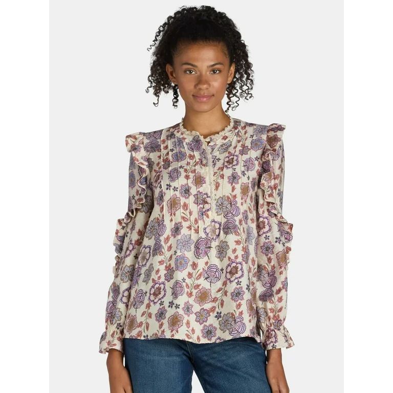 The Pioneer Woman Pleated Ruffle Blouse, Women’s, Sizes S-3X | Walmart (US)