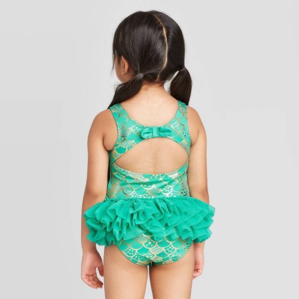 Toddler Girls' Mermaid Scale Bow Back Tutu One Piece Swimsuit - Cat & Jack™ Turquoise | Target