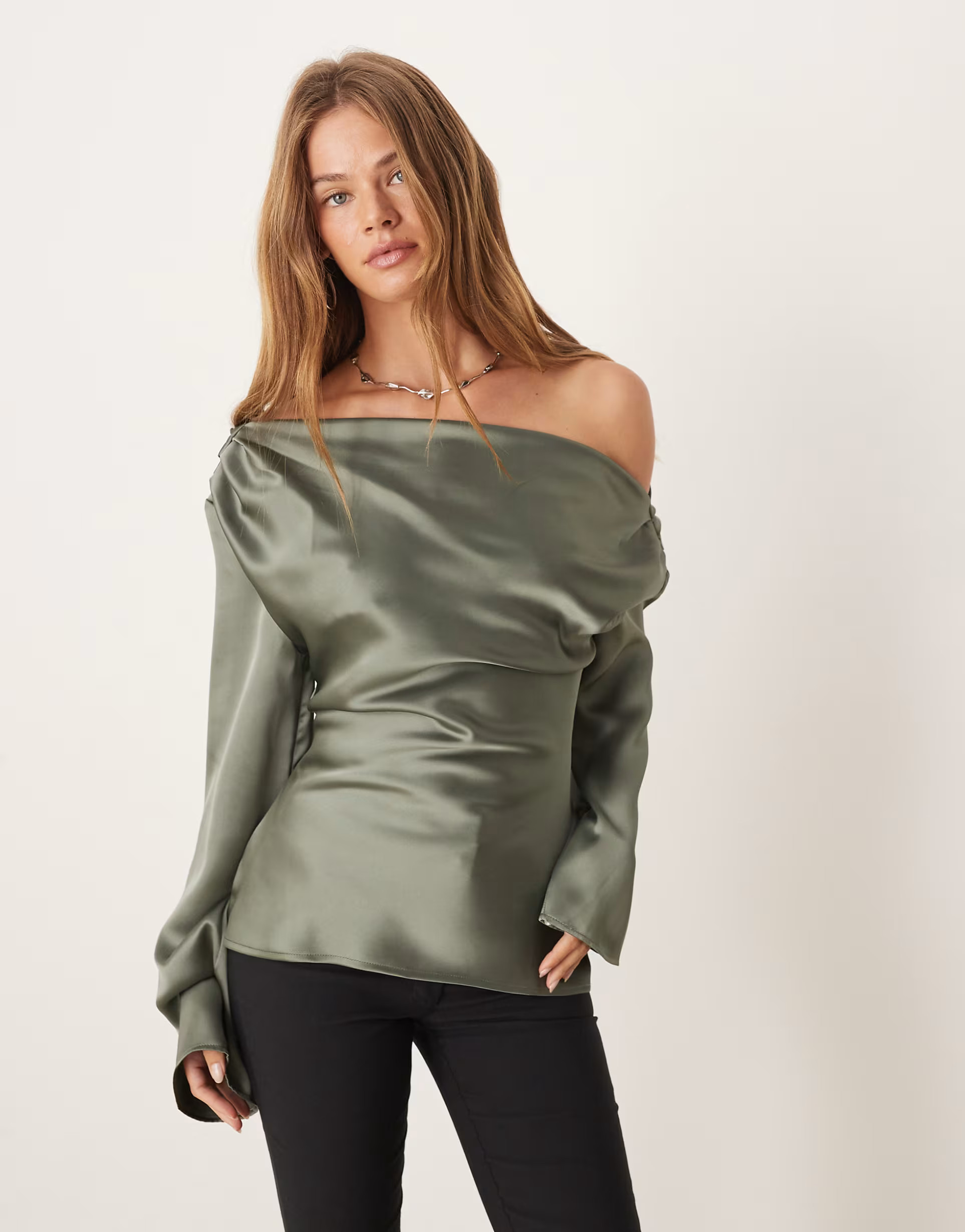 ASOS DESIGN satin drape off shoulder top in khaki | ASOS | ASOS (Global)