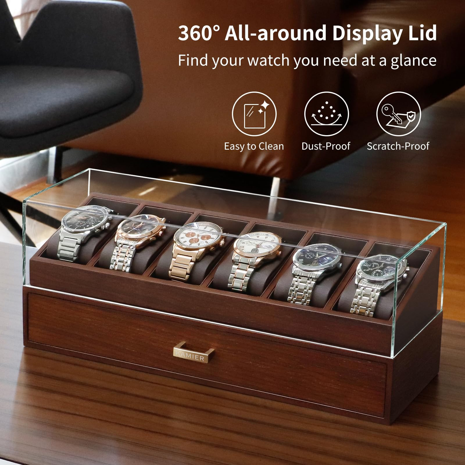 KAMIER High End Wooden Watch Box with 6 Slots & Glass Lid - 2-Layer Jewelry Organizer for Men - W... | Amazon (US)