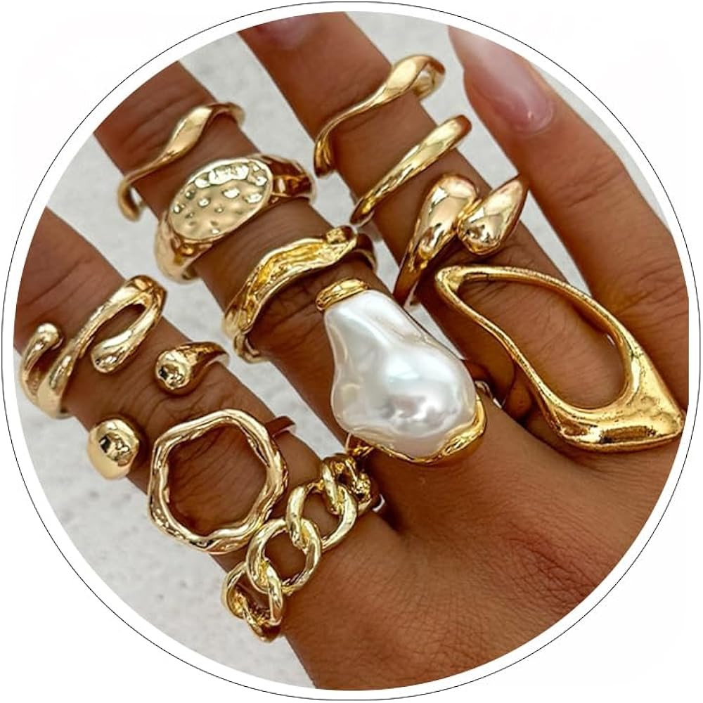 Chunky Gold Rings for Women Gold Baroque Pearl Rings Open Adjustable Pearl Ring Stacking Knuckles... | Amazon (US)