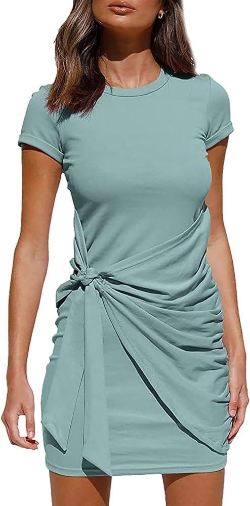 BTFBM Women Crew Neck Short Sleeve Ruched Bodycon T Shirt Dress Casual Tie Waist Plain Sun Beach ... | Amazon (US)