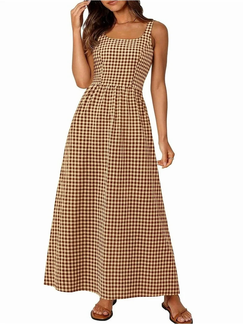 Women'S 2025 Summer Spaghetti Strap Maxi Dresses Plaid Square Neck A Line Casual Beach Vacation L... | Walmart (US)