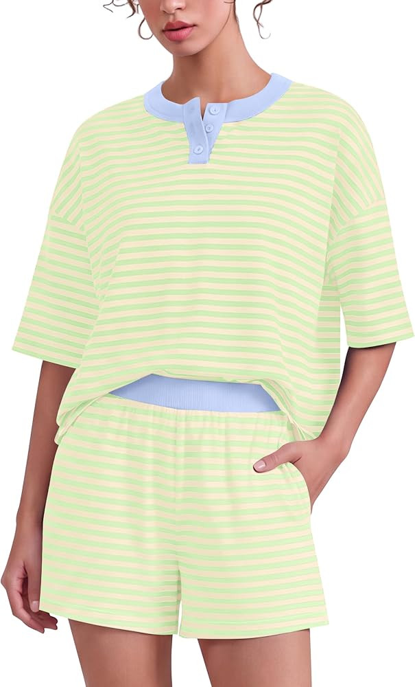 Meladyan Women's Stripes Henley T-Shirts 2 Piece Sets Cropped Boxy Tees Matching Shorts Set Strip... | Amazon (US)