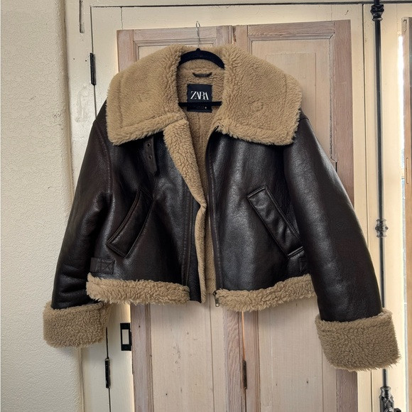 NEW ZARA BROWN DOUBLE FAUX LEATHER SHEARLING FUR CROP AVIATOR JACKET COAT  M | Poshmark