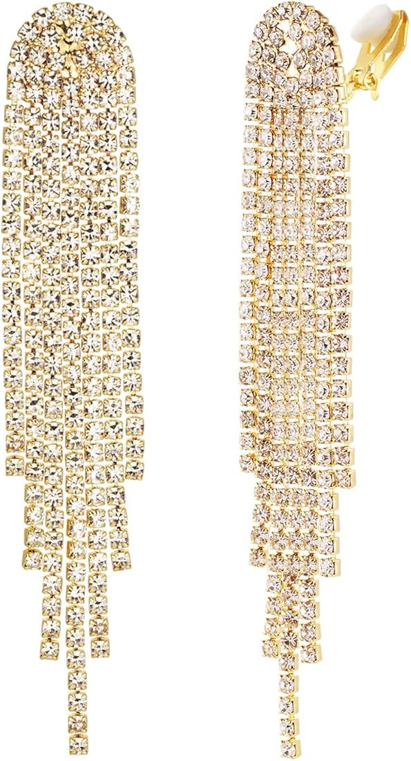 Mlouye 3.3"L Rhinestone Earrings Dangling Long Fringe Crystals Chandelier Dangle Drop Earrings fo... | Amazon (US)