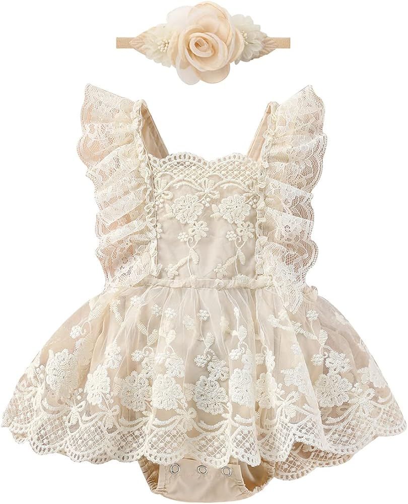 Newborn Baby Girl 1st Birthday Outfit Floral Lace Tulle Romper Tutu Dress Cake Smash Princess Boho C | Amazon (US)