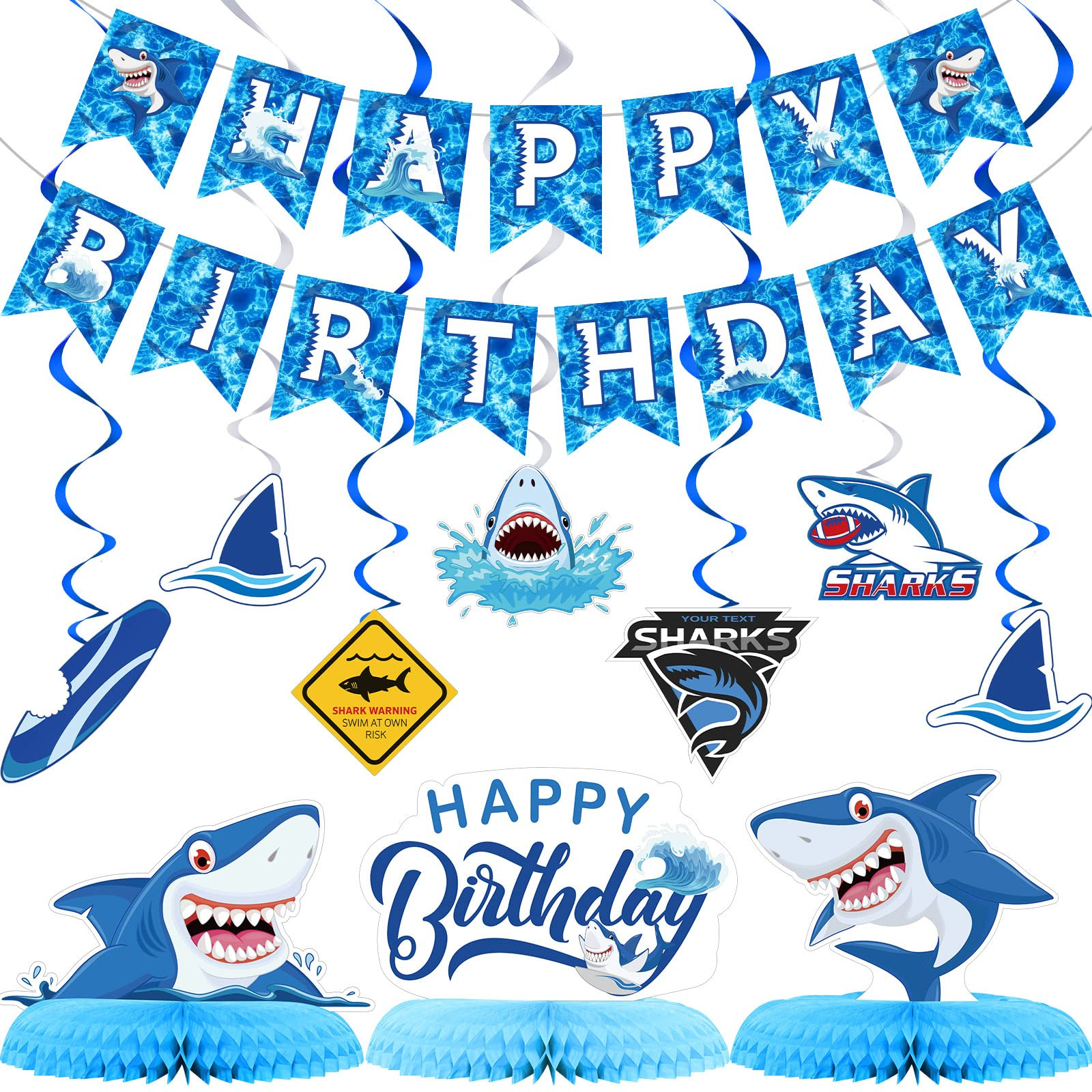 28 Pieces Shark Party Supplies Set Includes 12 Pieces Hanging Swirls Shark Happy Birthday Banner ... | Amazon (US)
