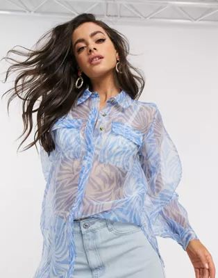 Unique21 oversized organza shirt in blue print | ASOS (Global)