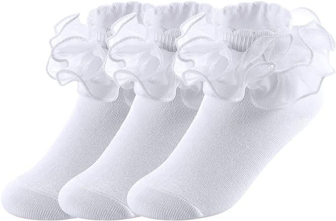 Yepami Big Girls Lace Socks Shimmering Cute Ruffle Comfortable Frilly Dress Ankle Socks 3 Pairs | Amazon (US)