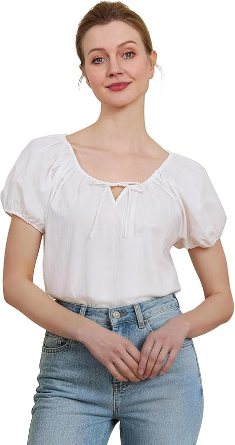 Women's Cotton Peasant Top with Short Puff Sleeves Tie Neck Vintage Blouse Cottagecore T-Shirt fo... | Amazon (US)
