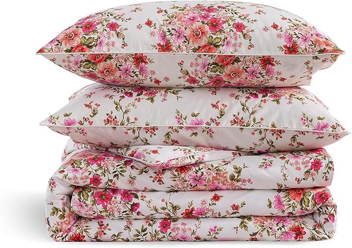 Pink Floral Boho Duvet Cover Queen Size 100% Cotton 3Pcs Set, White Percale Reversible Shabby Red... | Amazon (US)