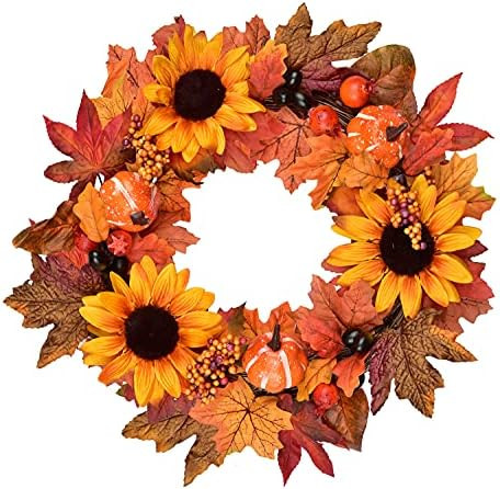 GRBAMBI Fall Wreath Front Door Wreath 16" with Sunflower, Pumpkin,Black Berries, Fall Leaves, Harves | Amazon (US)