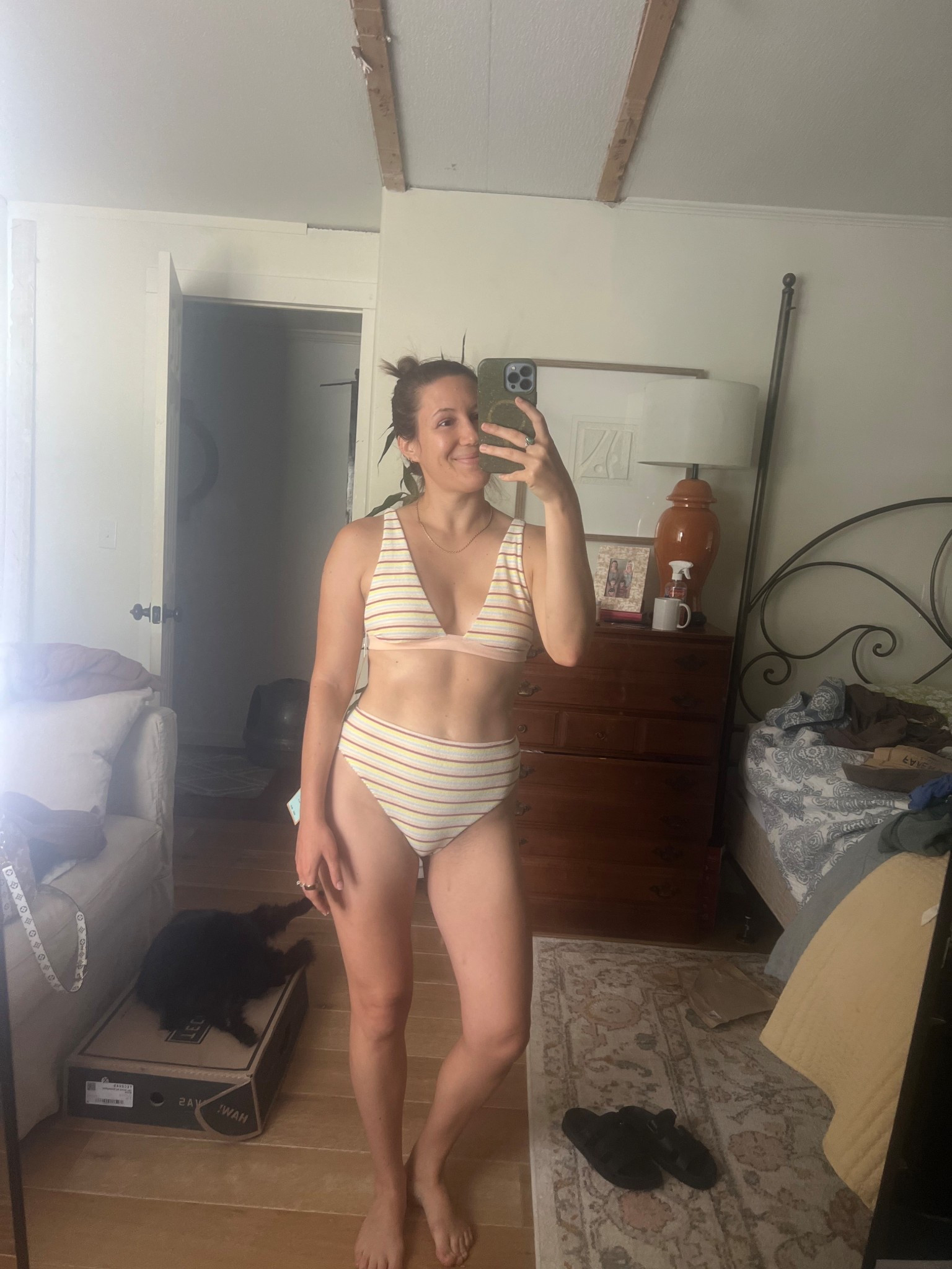 Towel Terry swimmy! Crazy good quality. #swim #summer #modestswim #neutralswimsuit #stripes #bikinii 
Small in top, medium in bottoms. Could’ve used small in bottoms 